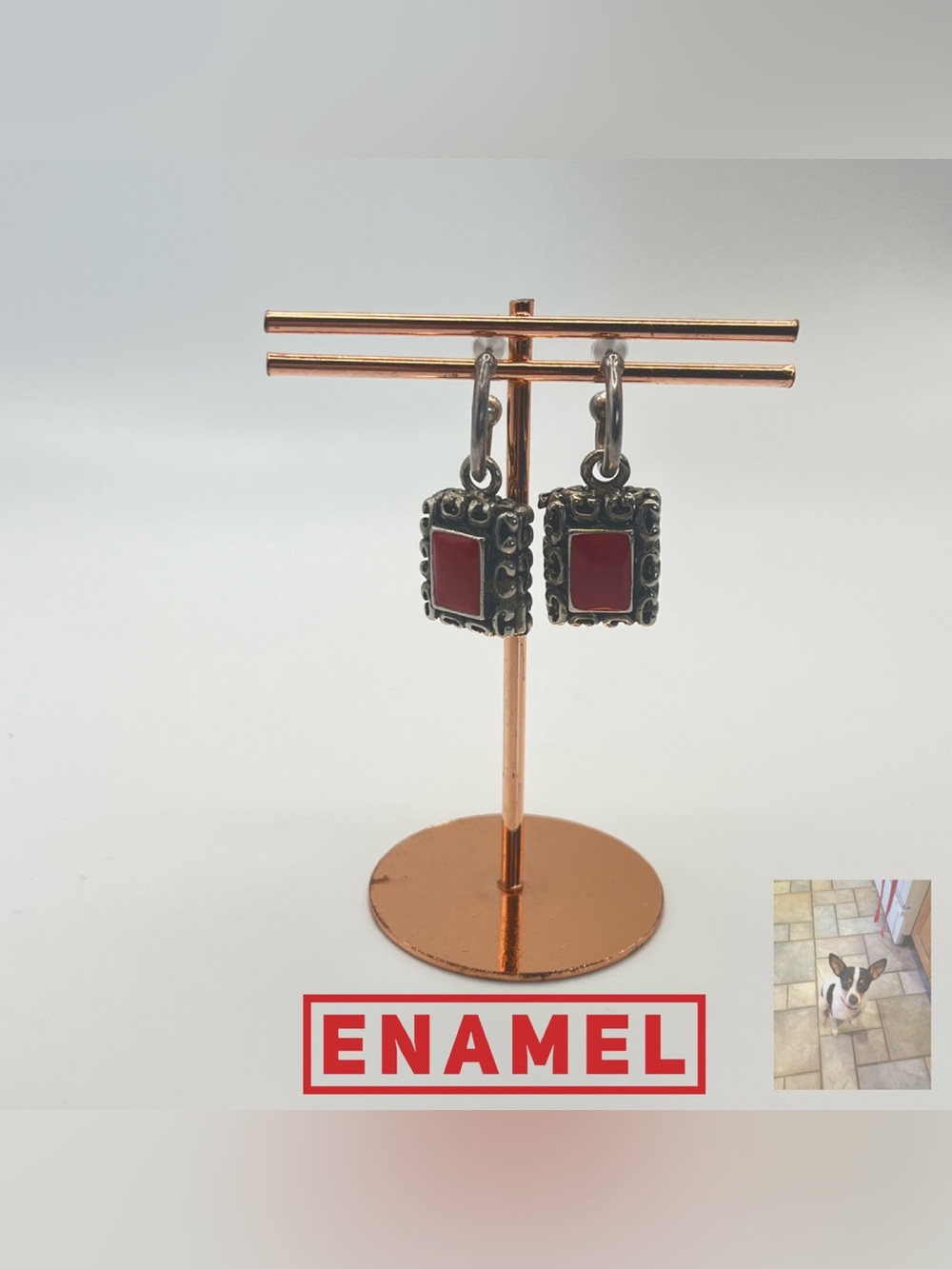 Silver Tone and Red Enamel Dangle Pierced Earrings